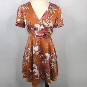 Satin Surplice Floral Fit and Flare Dress
